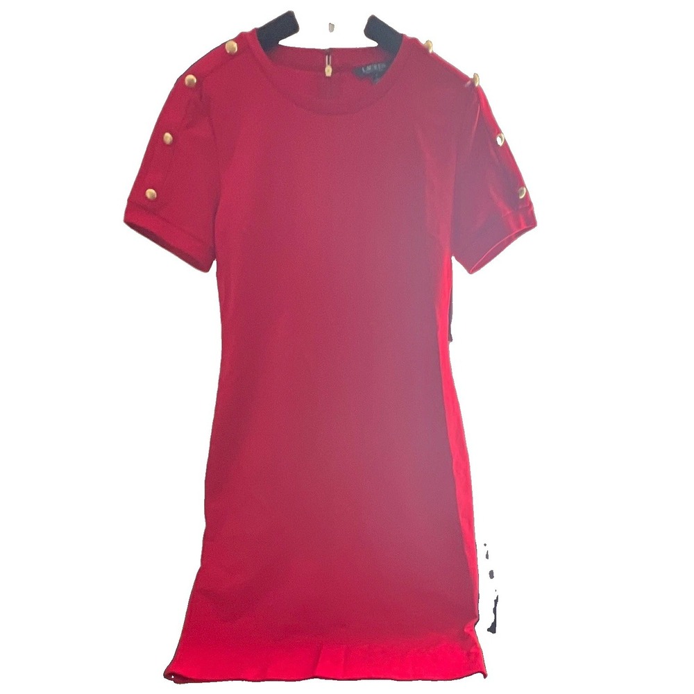 Lauren Ralph Lauren Red Sheath Dress Short Sleeve Round Neck Stretch Size M